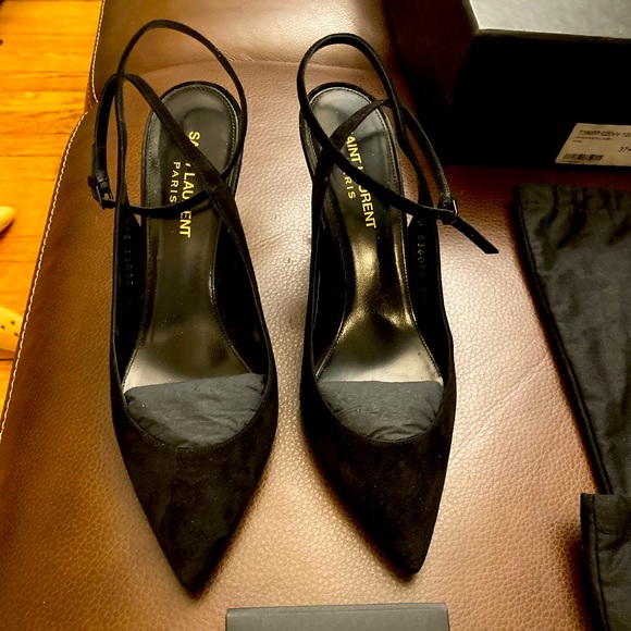 SAINT LAURENT Suede Opyum Monogramme Ankle Strap Pumps 85mm USED SZ 37.5 - Picture 2 of 16